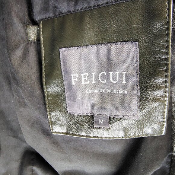 Feicui Faux Leather Biker Jacket Mens Size Medium Dark Green Moto Punk - Picture 9 of 16